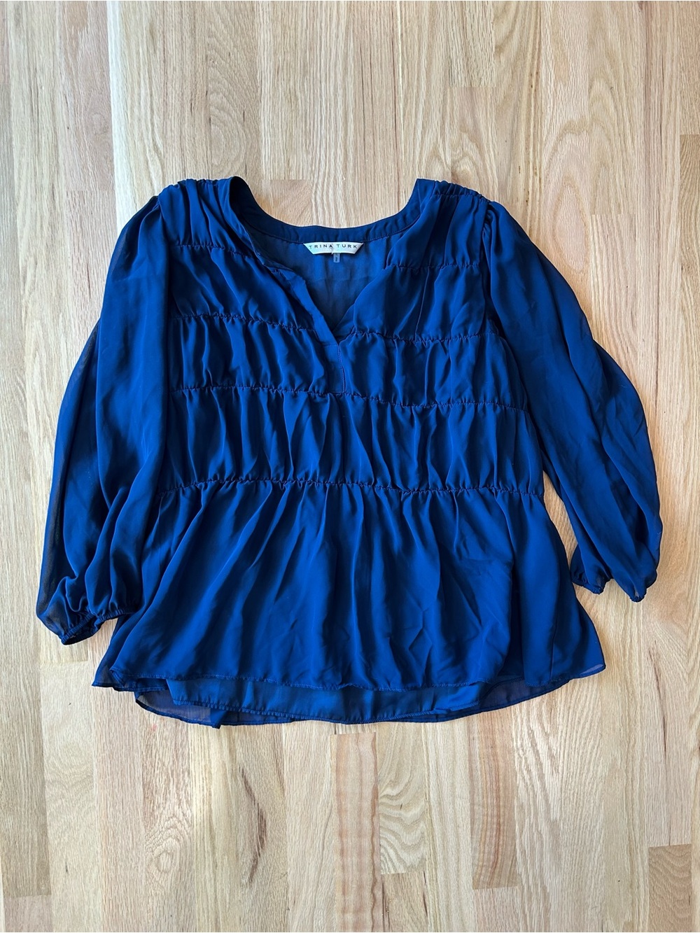 Trina Turk Navy Blue Peasant Blouse - Women's Long Sleeve Top pintuck large